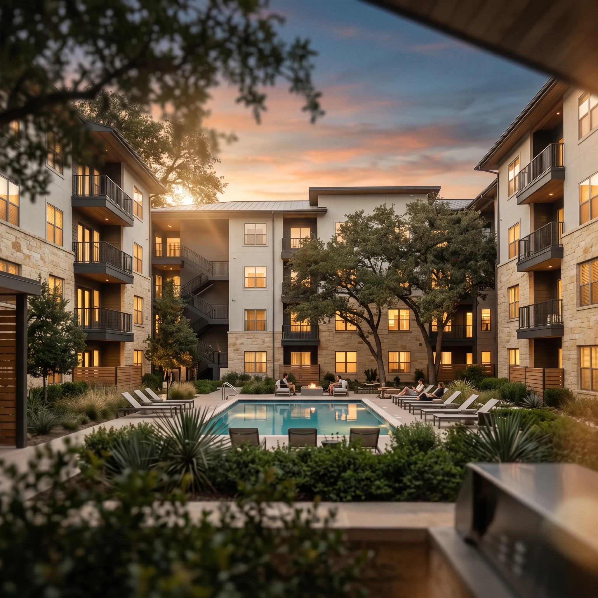 Class B multifamily apartment community with courtyard swimming pool at sunset