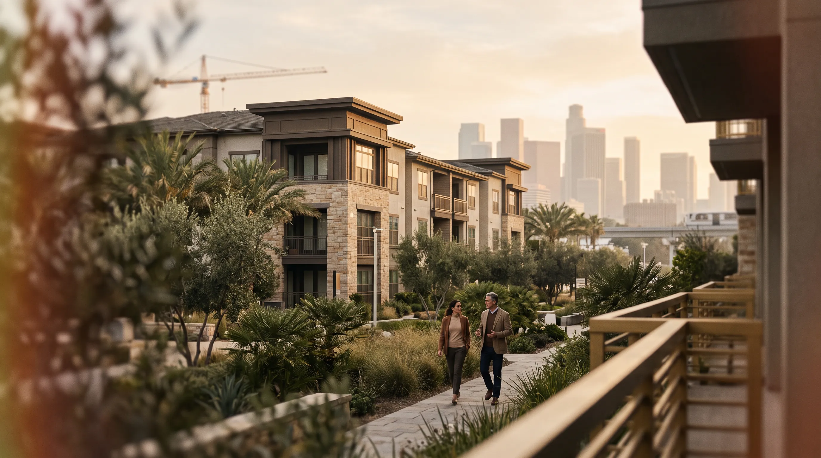 Modern multifamily development in Sun Belt gateway growth market with skyline view