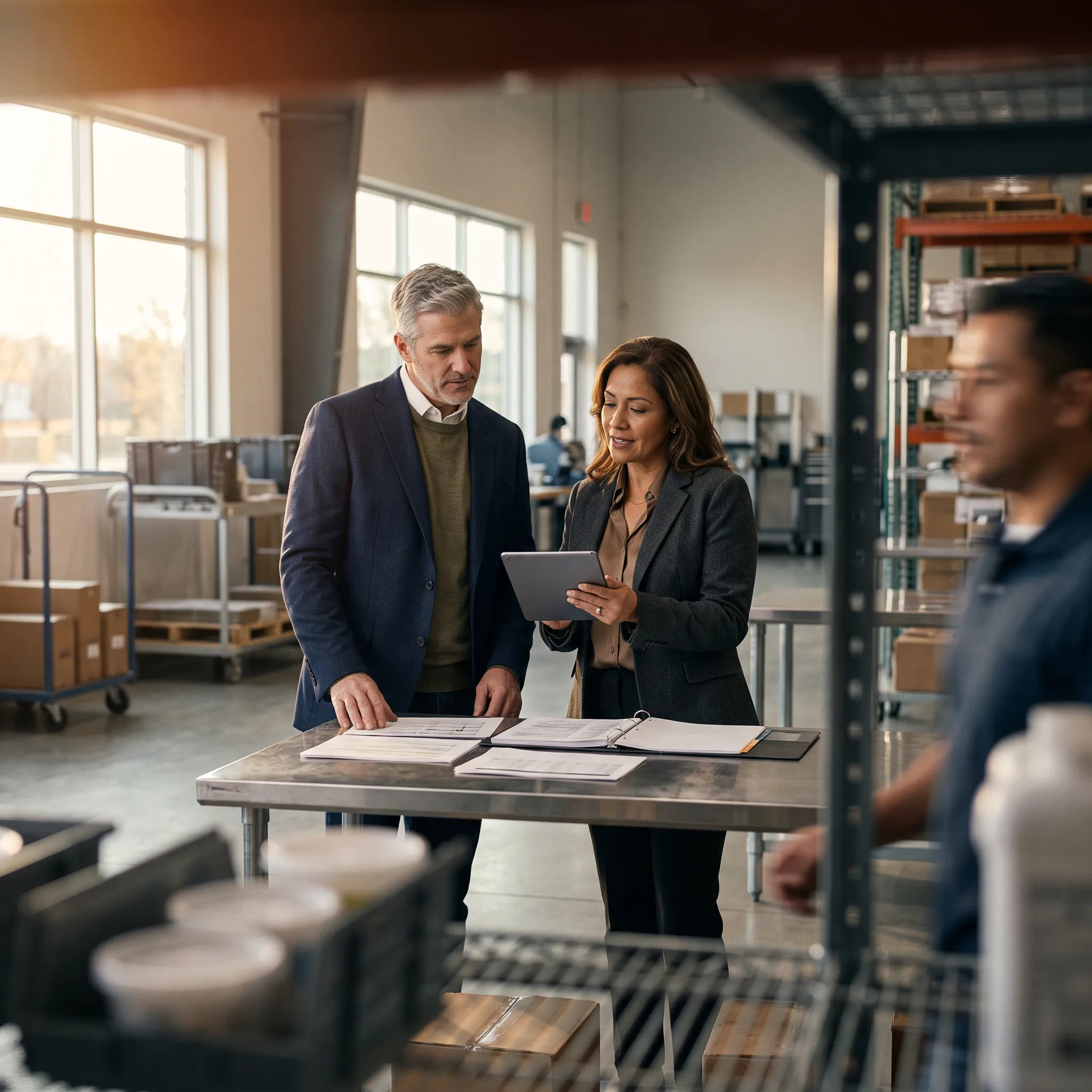 Partners reviewing operational metrics on warehouse floor