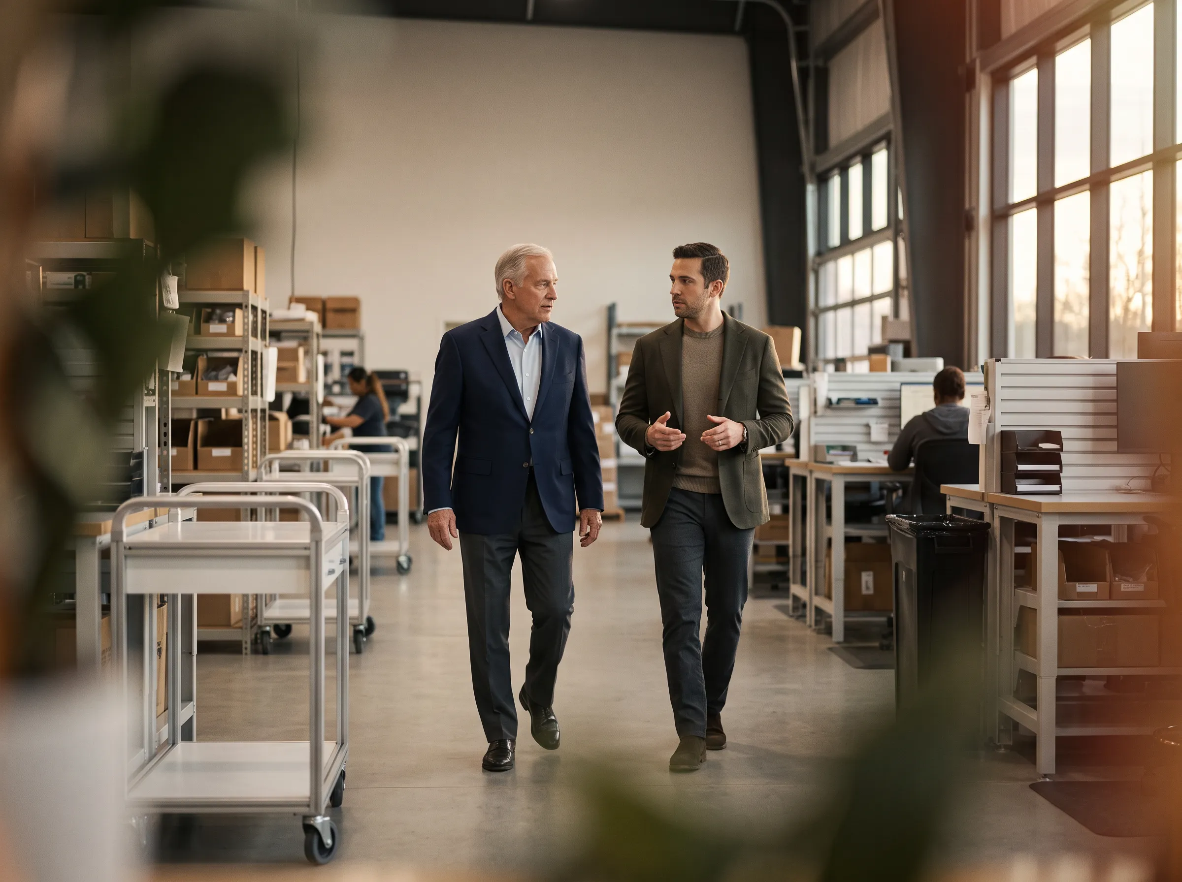 Business owner and prospective operator discussing operations on warehouse floor