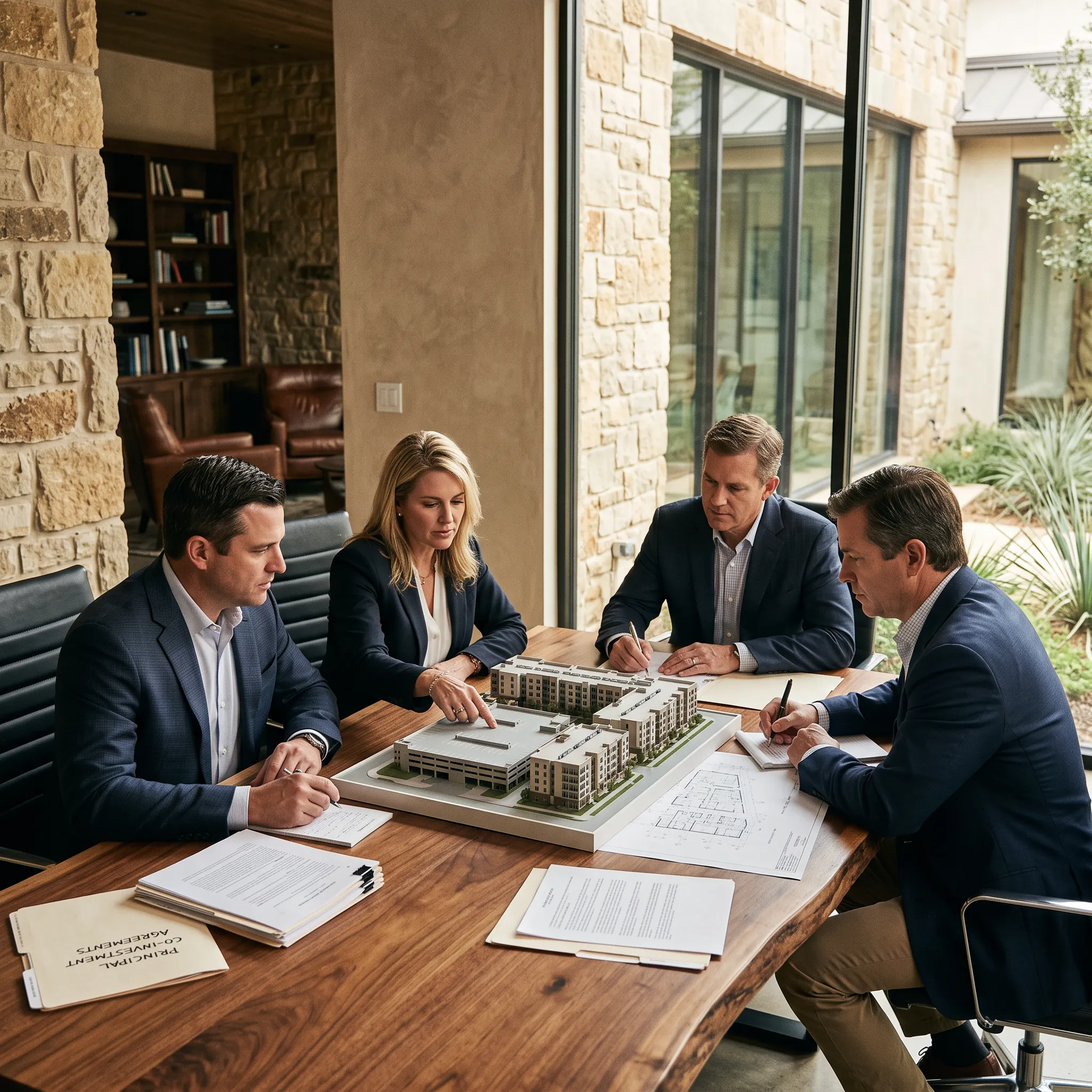 Partners and investors reviewing architectural model